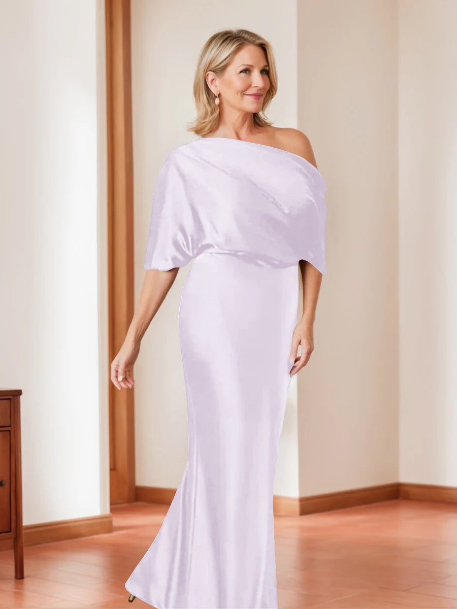 Elegant Plus Size Mother of the Bride One-Shoulder Sheath Dress with 1/2 Sleeves-BMbridal
