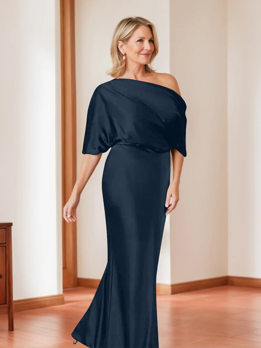 Elegant Plus Size Mother of the Bride One-Shoulder Sheath Dress with 1/2 Sleeves-BMbridal