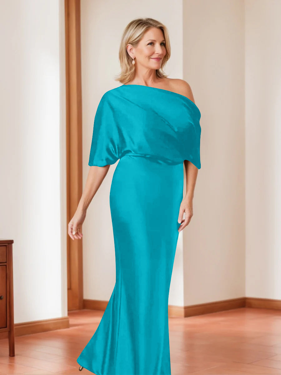 Elegant Plus Size Mother of the Bride One-Shoulder Sheath Dress with 1/2 Sleeves-BMbridal