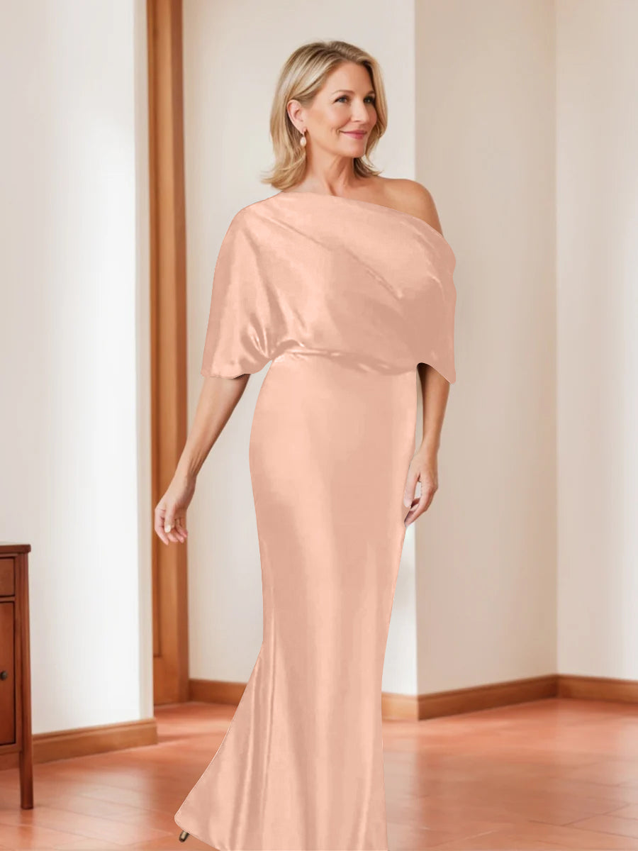 Elegant Plus Size Mother of the Bride One-Shoulder Sheath Dress with 1/2 Sleeves-BMbridal