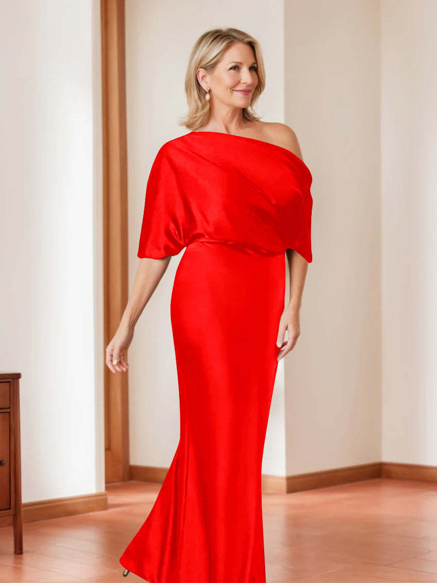 Elegant Plus Size Mother of the Bride One-Shoulder Sheath Dress with 1/2 Sleeves-BMbridal