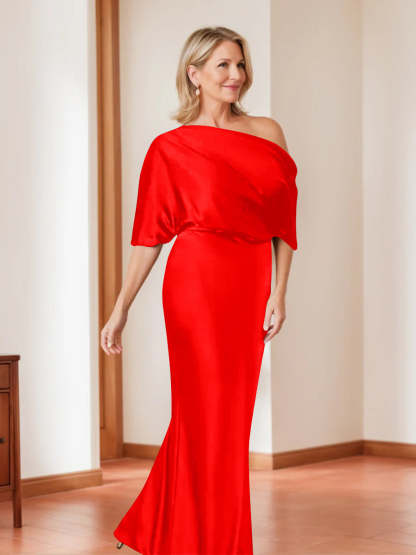 Elegant Plus Size Mother of the Bride One-Shoulder Sheath Dress with 1/2 Sleeves-BMbridal