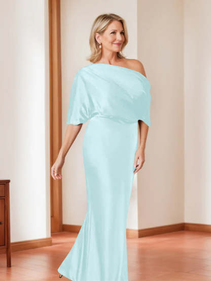 Elegant Plus Size Mother of the Bride One-Shoulder Sheath Dress with 1/2 Sleeves-BMbridal