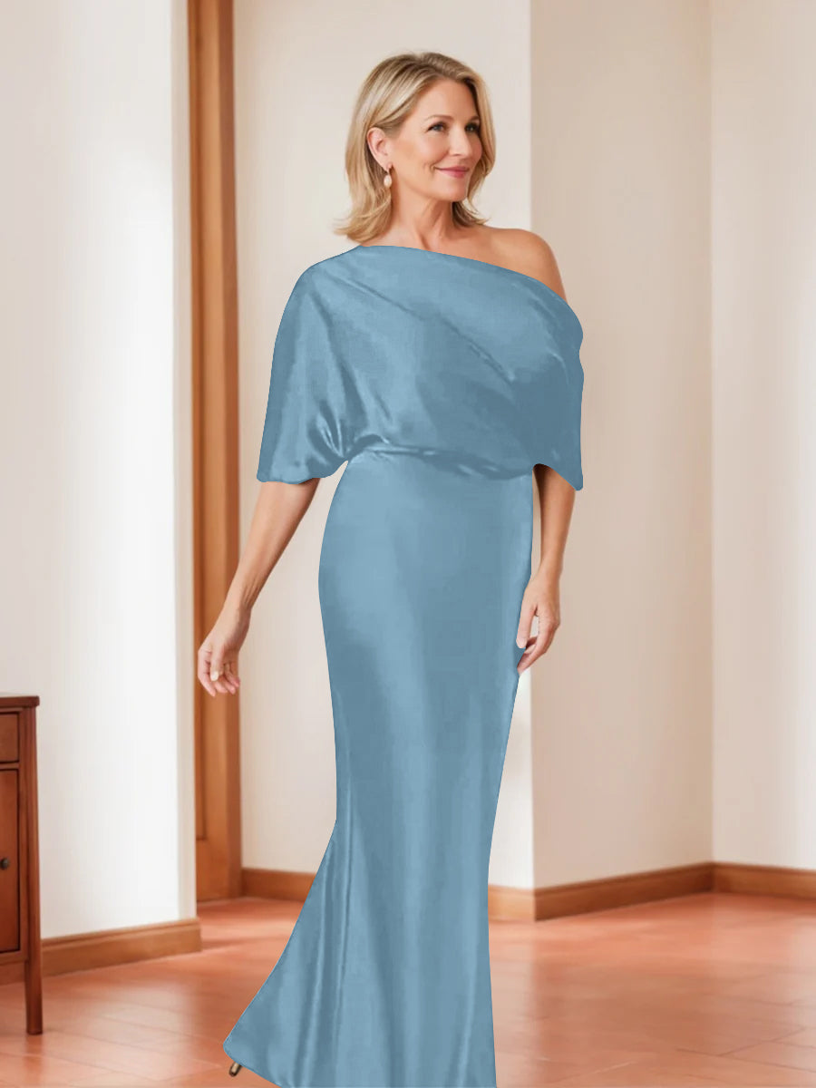 Elegant Plus Size Mother of the Bride One-Shoulder Sheath Dress with 1/2 Sleeves-BMbridal