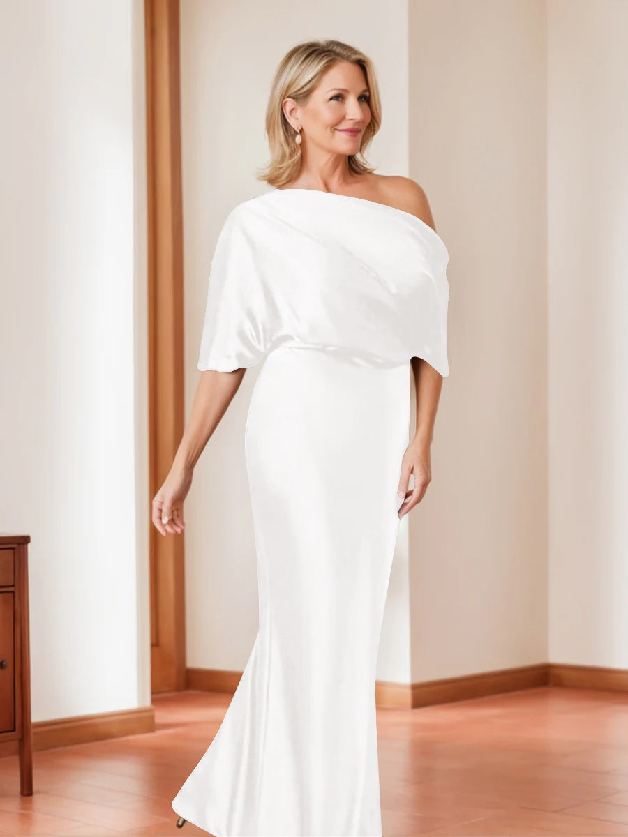 Elegant Plus Size Mother of the Bride One-Shoulder Sheath Dress with 1/2 Sleeves-BMbridal
