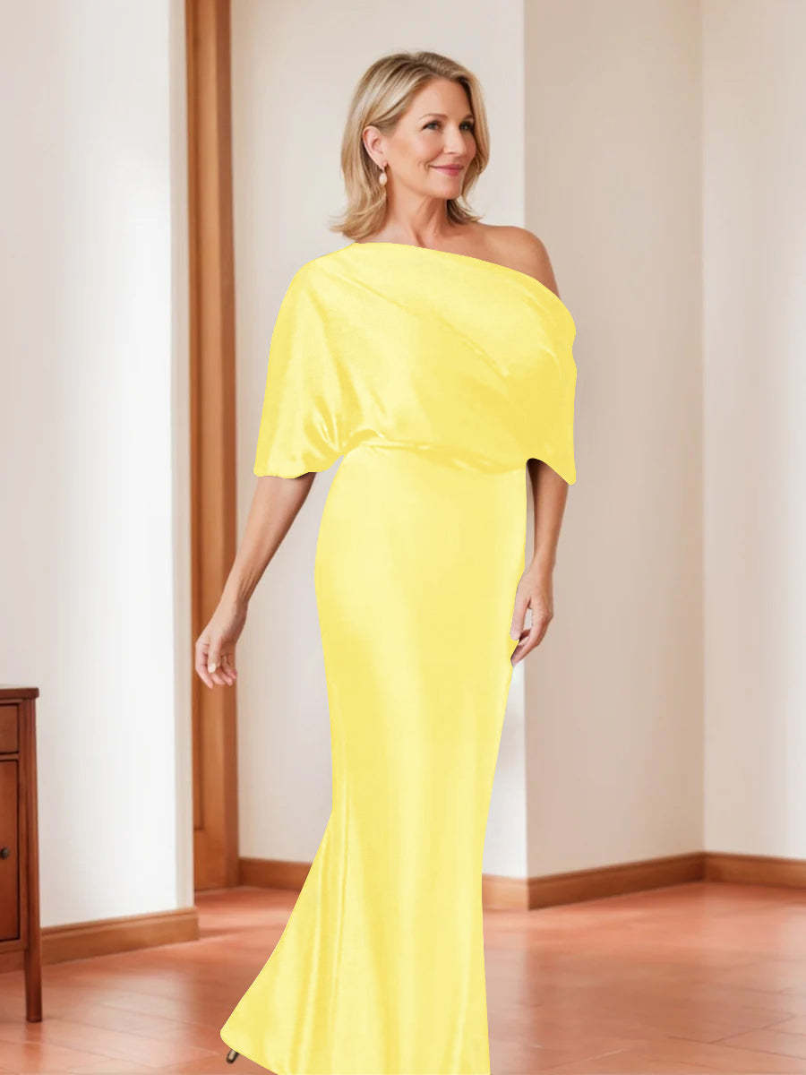 Elegant Plus Size Mother of the Bride One-Shoulder Sheath Dress with 1/2 Sleeves-BMbridal