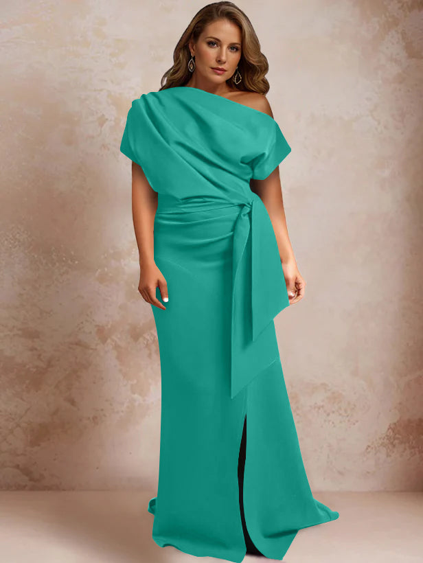 One-Shoulder Mermaid Trumpet Gown with Ruffles and Side Split for Plus-Size Mothers of the Bride