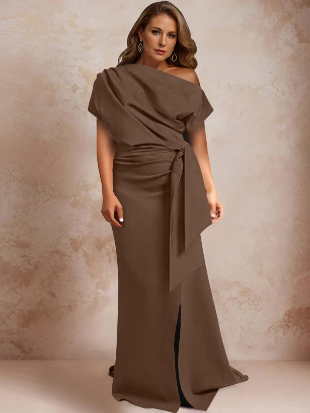 One-Shoulder Mermaid Trumpet Gown with Ruffles and Side Split for Plus-Size Mothers of the Bride