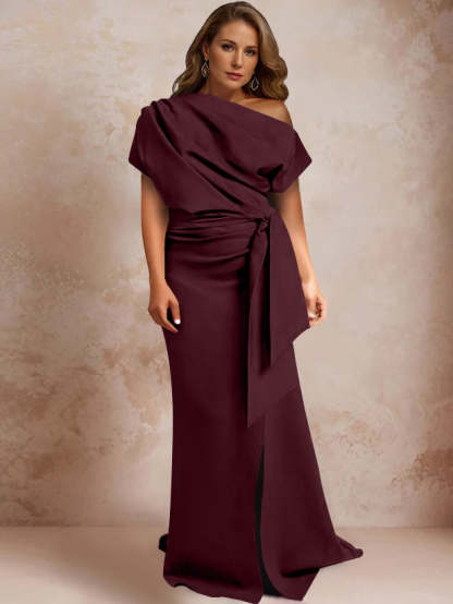 One-Shoulder Mermaid Trumpet Gown with Ruffles and Side Split for Plus-Size Mothers of the Bride
