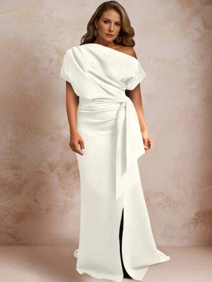 One-Shoulder Mermaid Trumpet Gown with Ruffles and Side Split for Plus-Size Mothers of the Bride