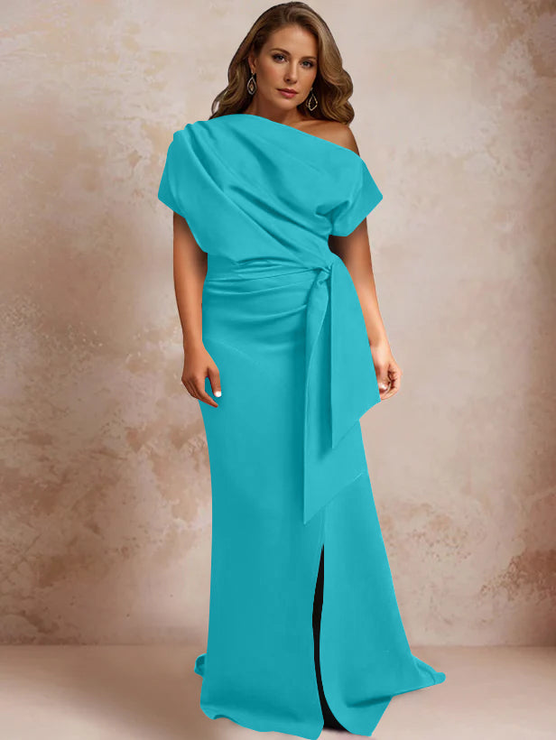 One-Shoulder Mermaid Trumpet Gown with Ruffles and Side Split for Plus-Size Mothers of the Bride