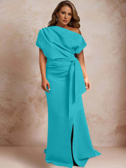 One-Shoulder Mermaid Trumpet Gown with Ruffles and Side Split for Plus-Size Mothers of the Bride