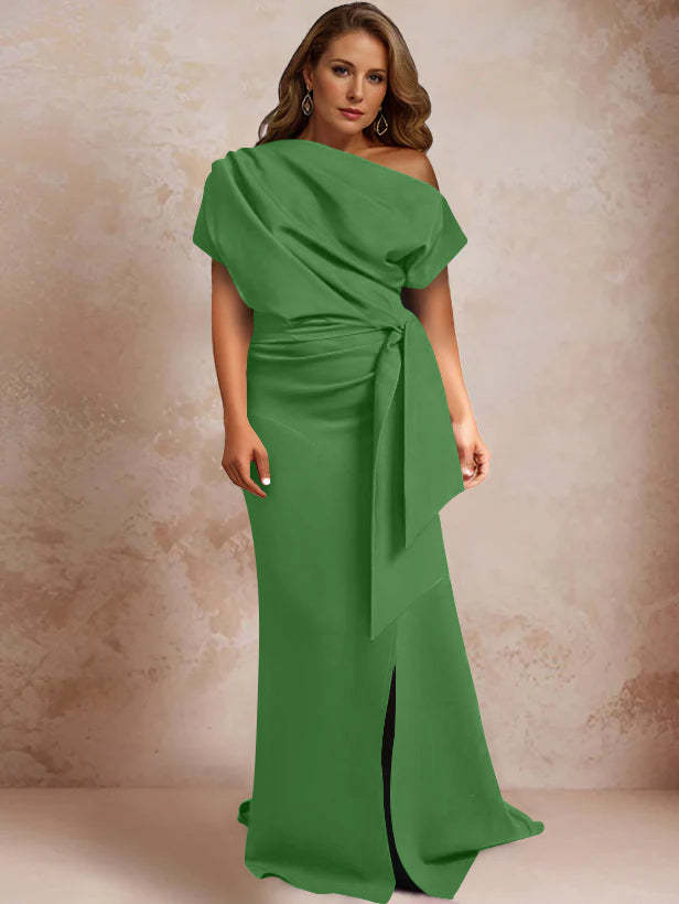 One-Shoulder Mermaid Trumpet Gown with Ruffles and Side Split for Plus-Size Mothers of the Bride