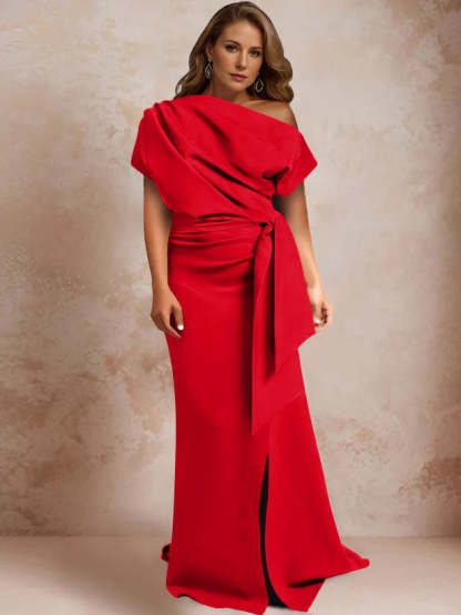 One-Shoulder Mermaid Trumpet Gown with Ruffles and Side Split for Plus-Size Mothers of the Bride