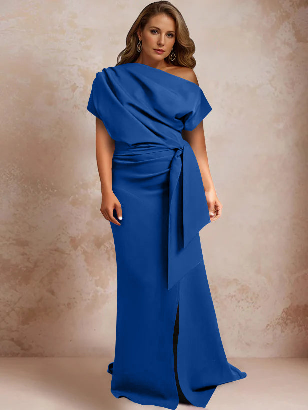 One-Shoulder Mermaid Trumpet Gown with Ruffles and Side Split for Plus-Size Mothers of the Bride