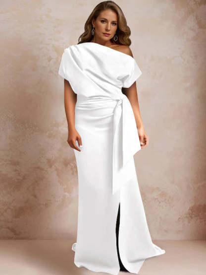 One-Shoulder Mermaid Trumpet Gown with Ruffles and Side Split for Plus-Size Mothers of the Bride