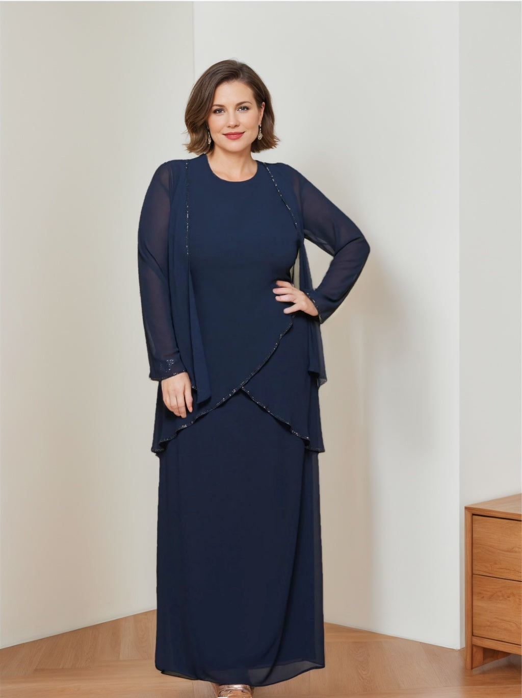 Round Neck Chiffon Mother of the Bride Dress with Jacket-BMbridal