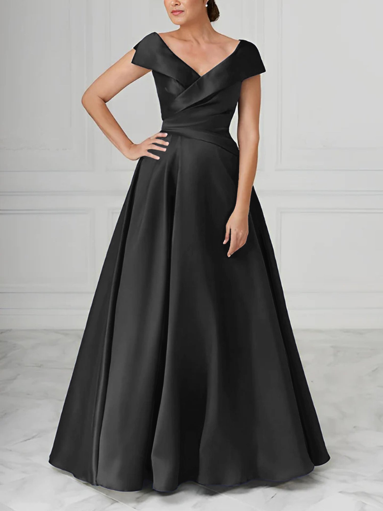 V-Neck Satin A-Line Mother of the Bride Dresses with Ruched Princess Details-BMbridal