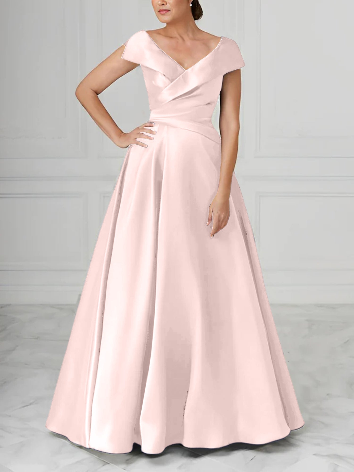 V-Neck Satin A-Line Mother of the Bride Dresses with Ruched Princess Details-BMbridal