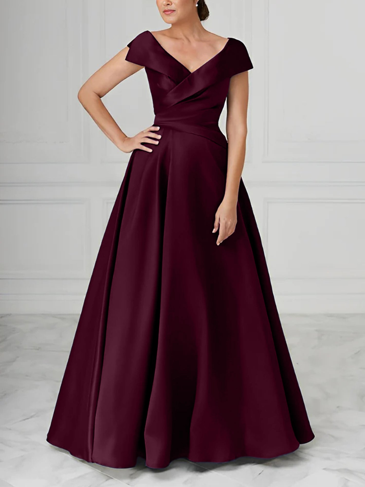 V-Neck Satin A-Line Mother of the Bride Dresses with Ruched Princess Details-BMbridal