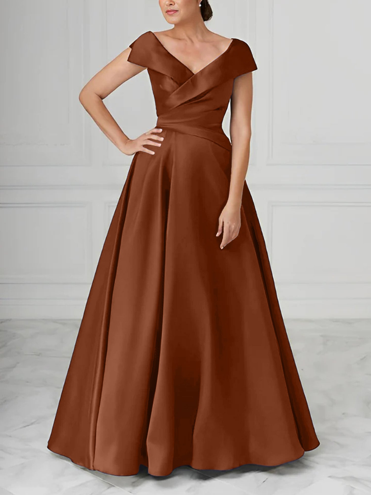 V-Neck Satin A-Line Mother of the Bride Dresses with Ruched Princess Details-BMbridal