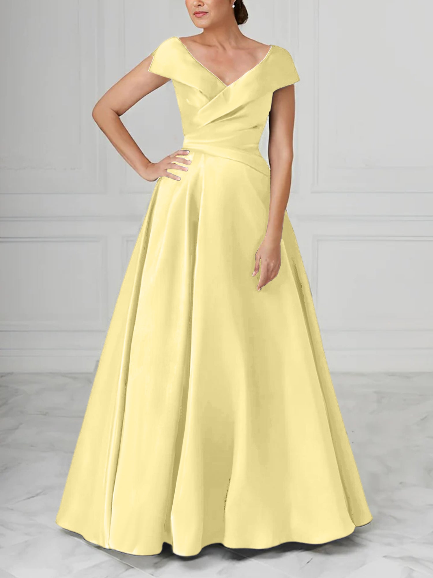 V-Neck Satin A-Line Mother of the Bride Dresses with Ruched Princess Details-BMbridal