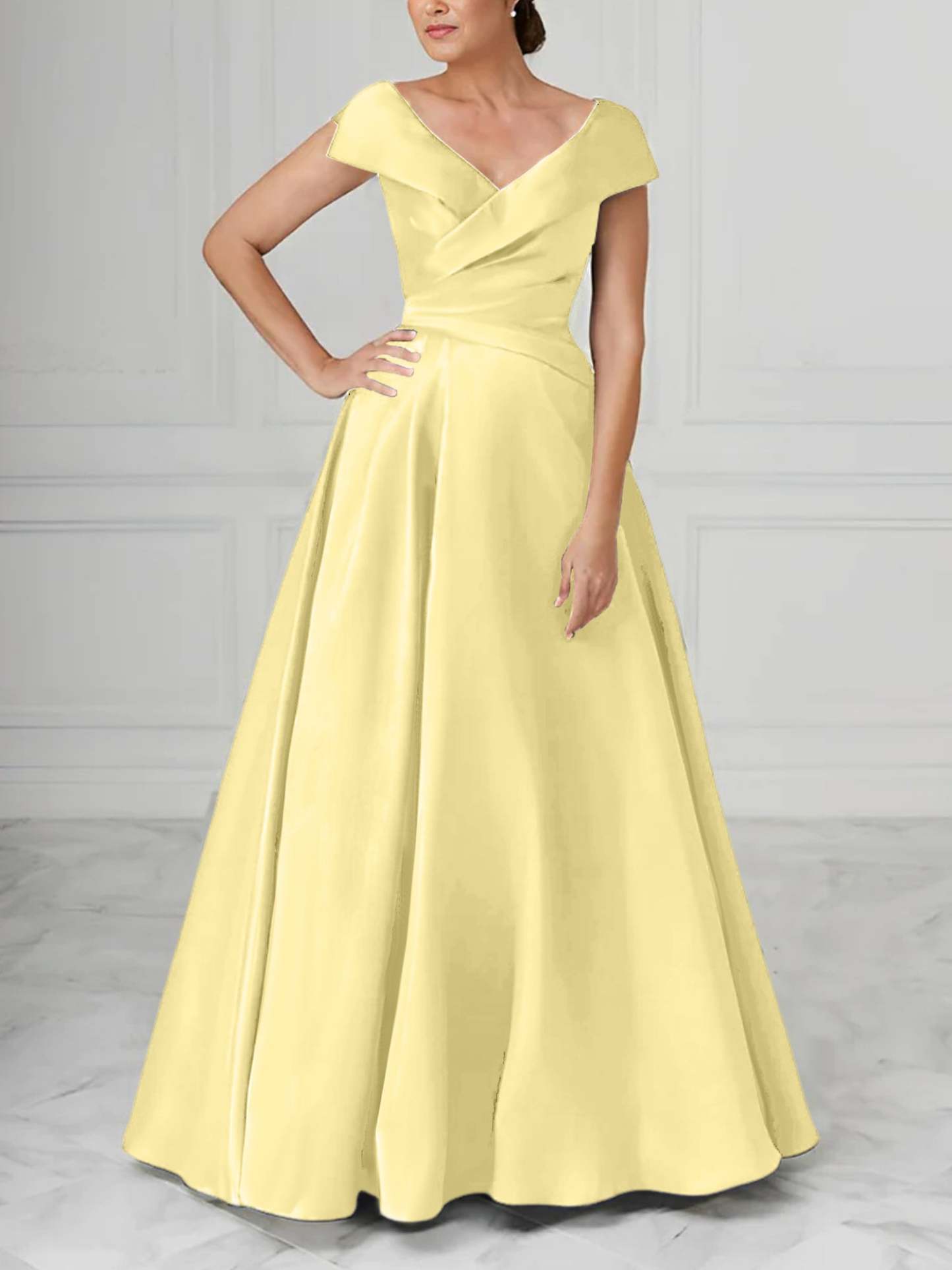 V-Neck Satin A-Line Mother of the Bride Dresses with Ruched Princess Details-BMbridal