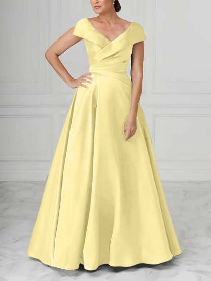 V-Neck Satin A-Line Mother of the Bride Dresses with Ruched Princess Details-BMbridal