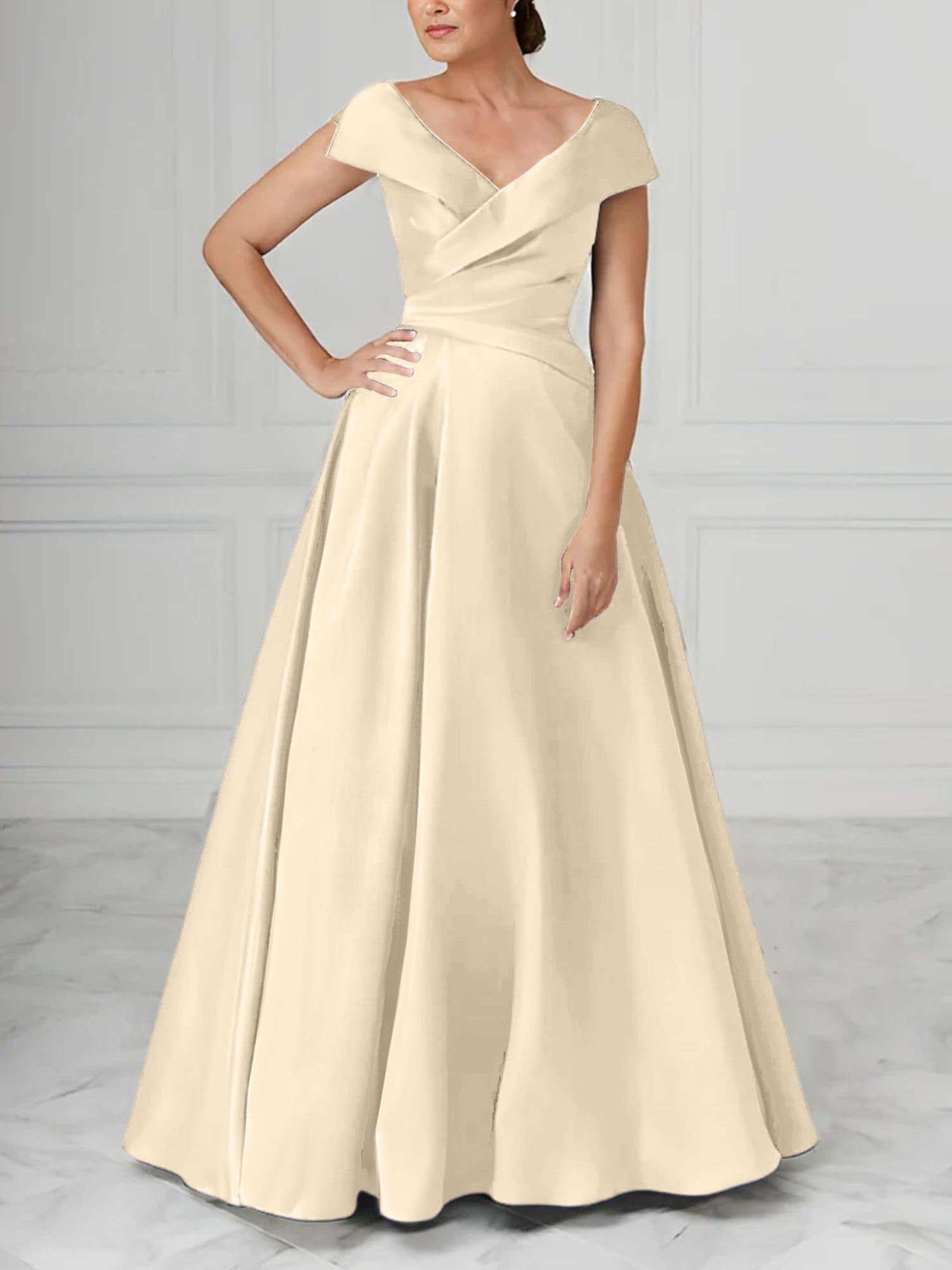 V-Neck Satin A-Line Mother of the Bride Dresses with Ruched Princess Details-BMbridal