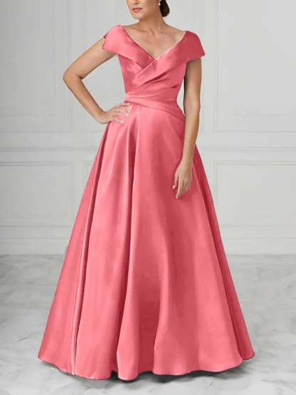 V-Neck Satin A-Line Mother of the Bride Dresses with Ruched Princess Details-BMbridal
