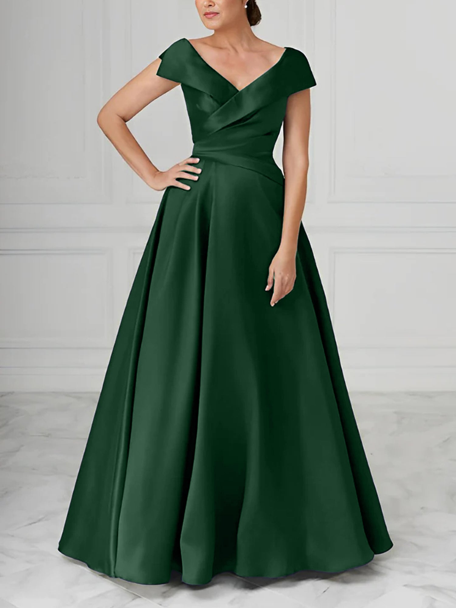 V-Neck Satin A-Line Mother of the Bride Dresses with Ruched Princess Details-BMbridal