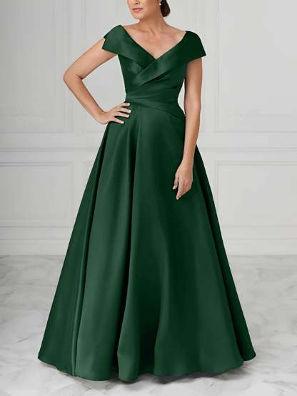V-Neck Satin A-Line Mother of the Bride Dresses with Ruched Princess Details-BMbridal