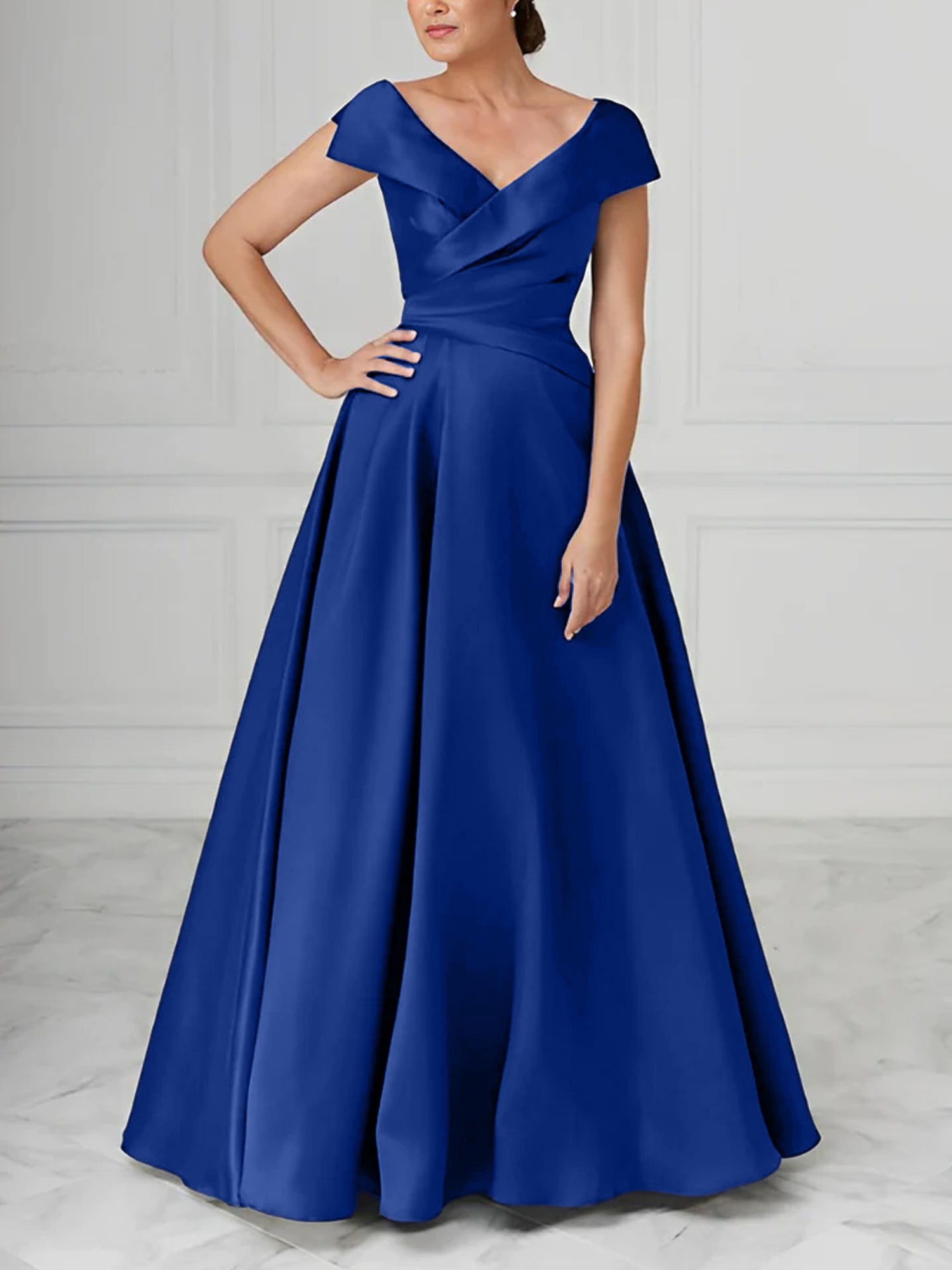V-Neck Satin A-Line Mother of the Bride Dresses with Ruched Princess Details-BMbridal