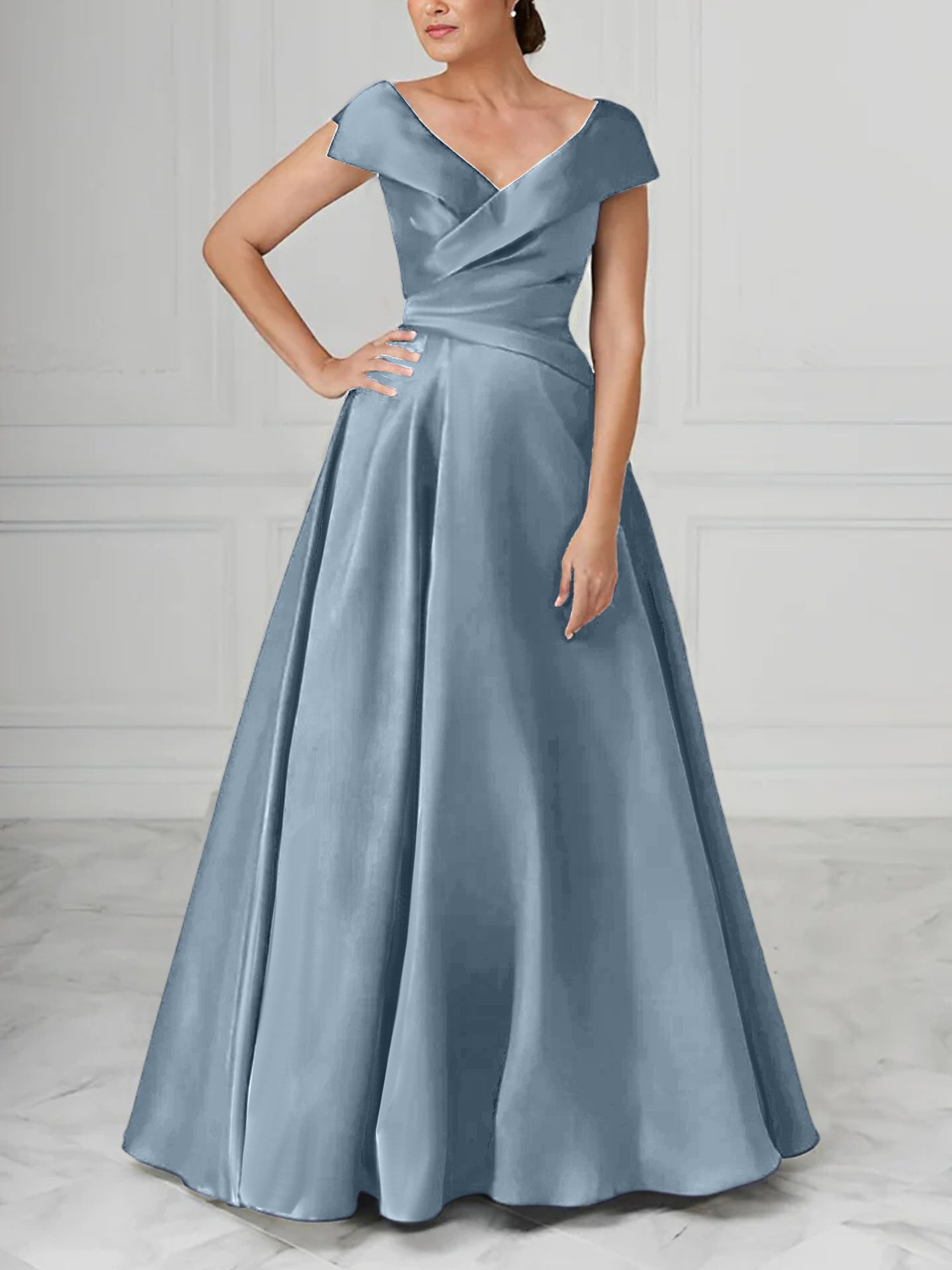 V-Neck Satin A-Line Mother of the Bride Dresses with Ruched Princess Details-BMbridal