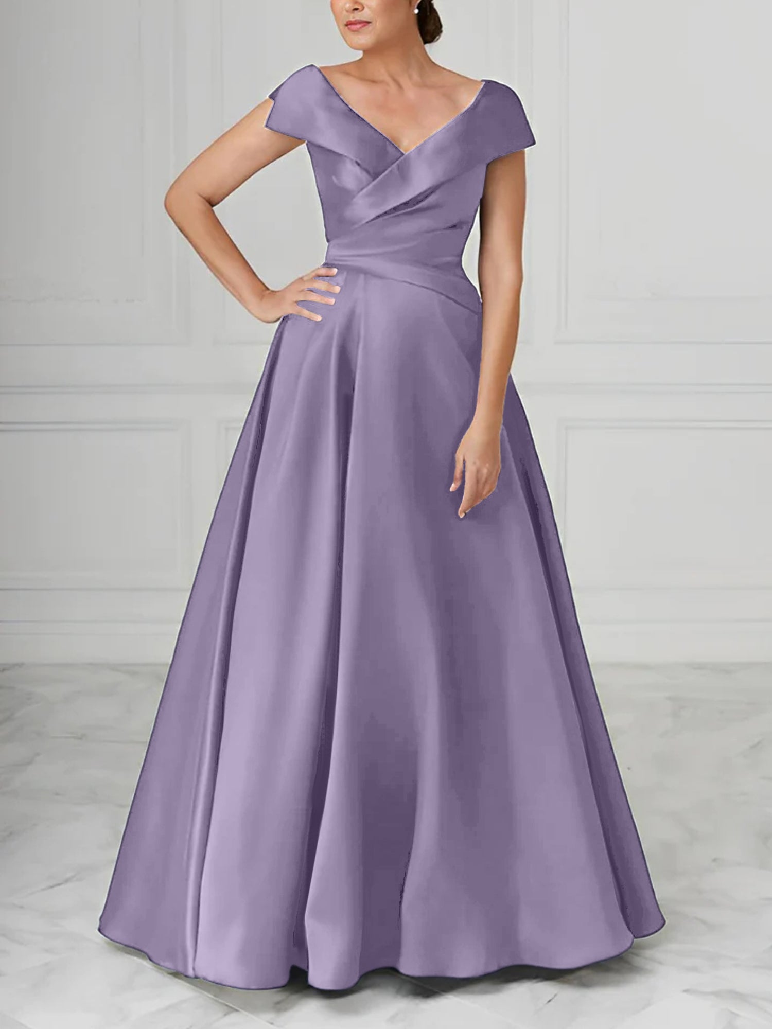 V-Neck Satin A-Line Mother of the Bride Dresses with Ruched Princess Details-BMbridal