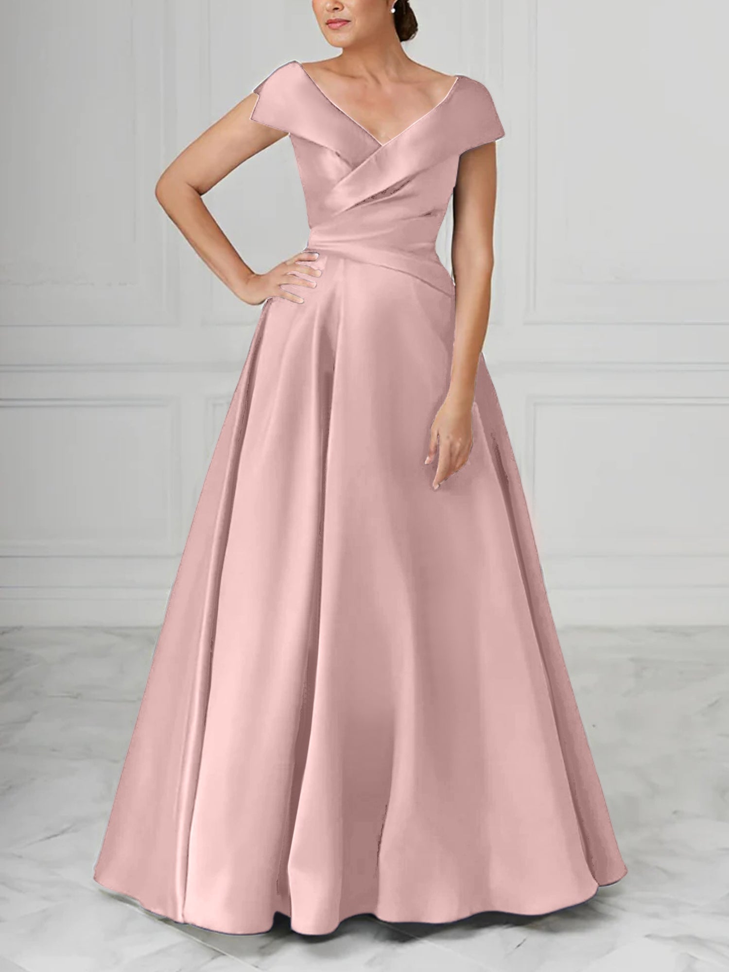 V-Neck Satin A-Line Mother of the Bride Dresses with Ruched Princess Details-BMbridal