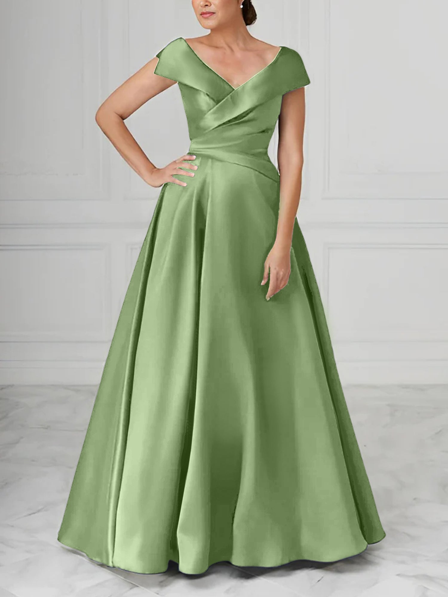 V-Neck Satin A-Line Mother of the Bride Dresses with Ruched Princess Details-BMbridal