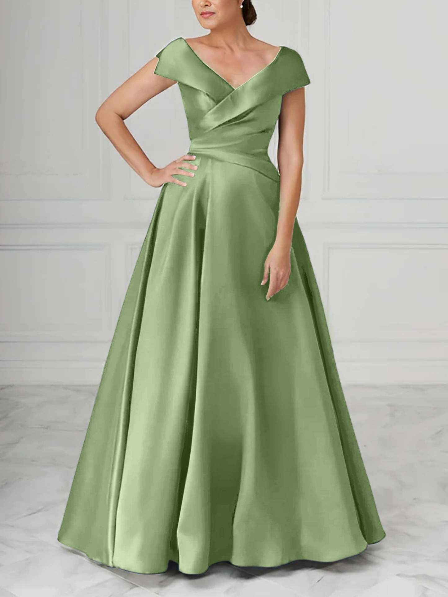 V-Neck Satin A-Line Mother of the Bride Dresses with Ruched Princess Details-BMbridal
