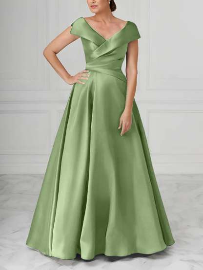 V-Neck Satin A-Line Mother of the Bride Dresses with Ruched Princess Details-BMbridal