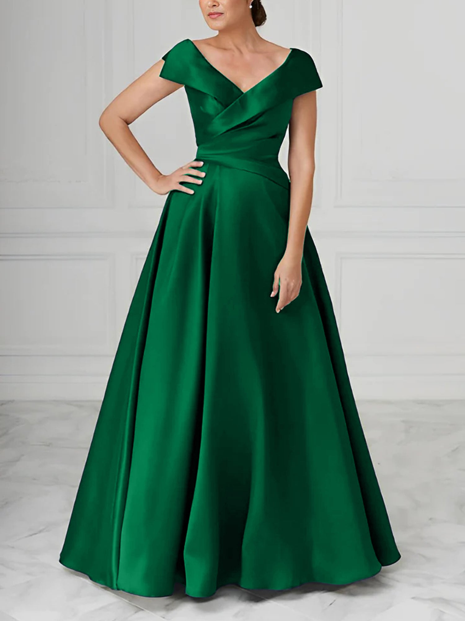 V-Neck Satin A-Line Mother of the Bride Dresses with Ruched Princess Details-BMbridal