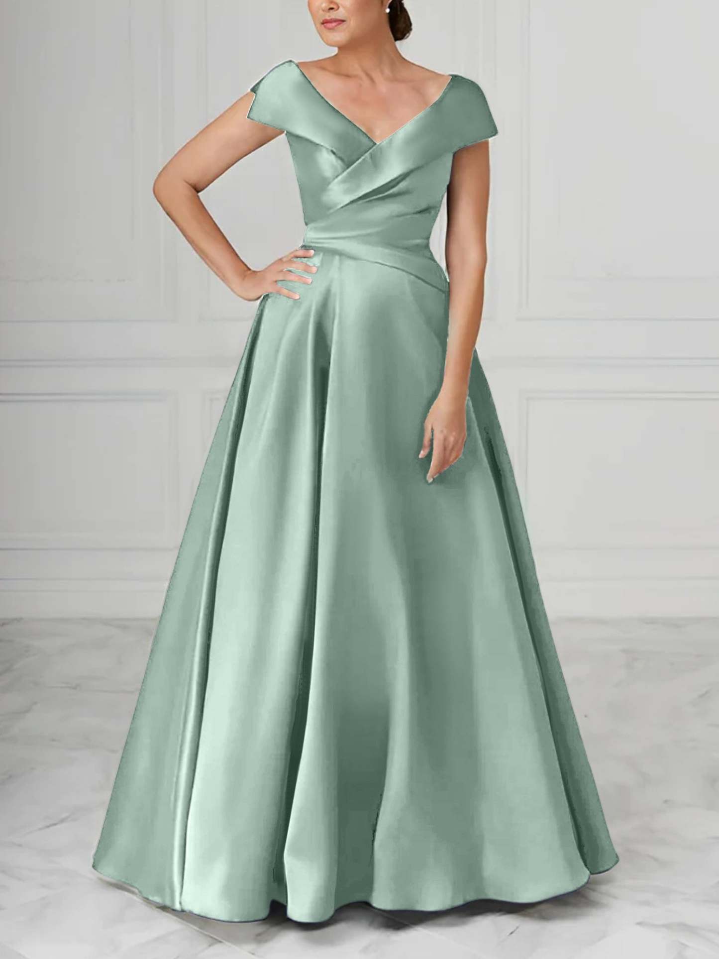 V-Neck Satin A-Line Mother of the Bride Dresses with Ruched Princess Details-BMbridal