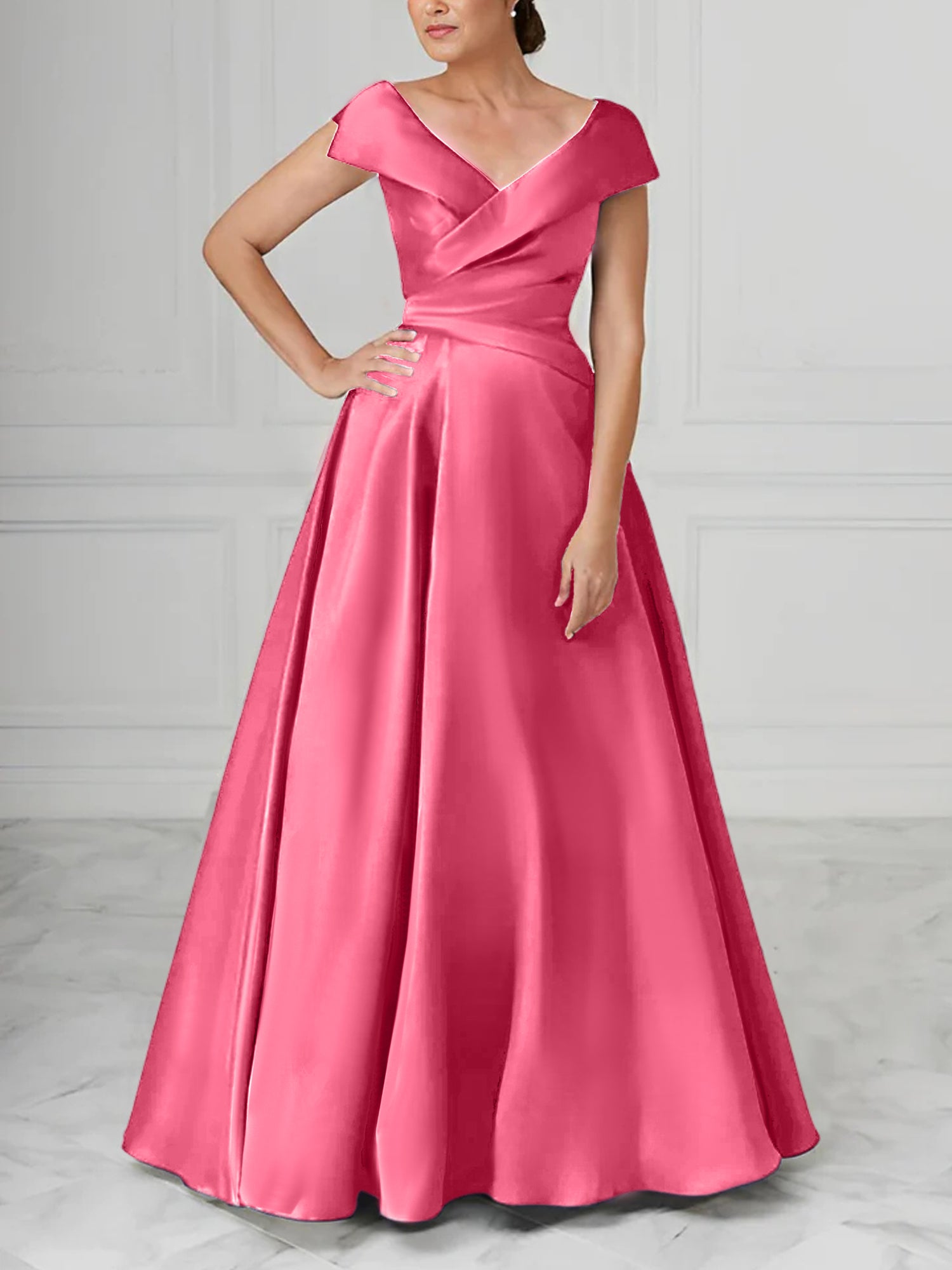 V-Neck Satin A-Line Mother of the Bride Dresses with Ruched Princess Details-BMbridal
