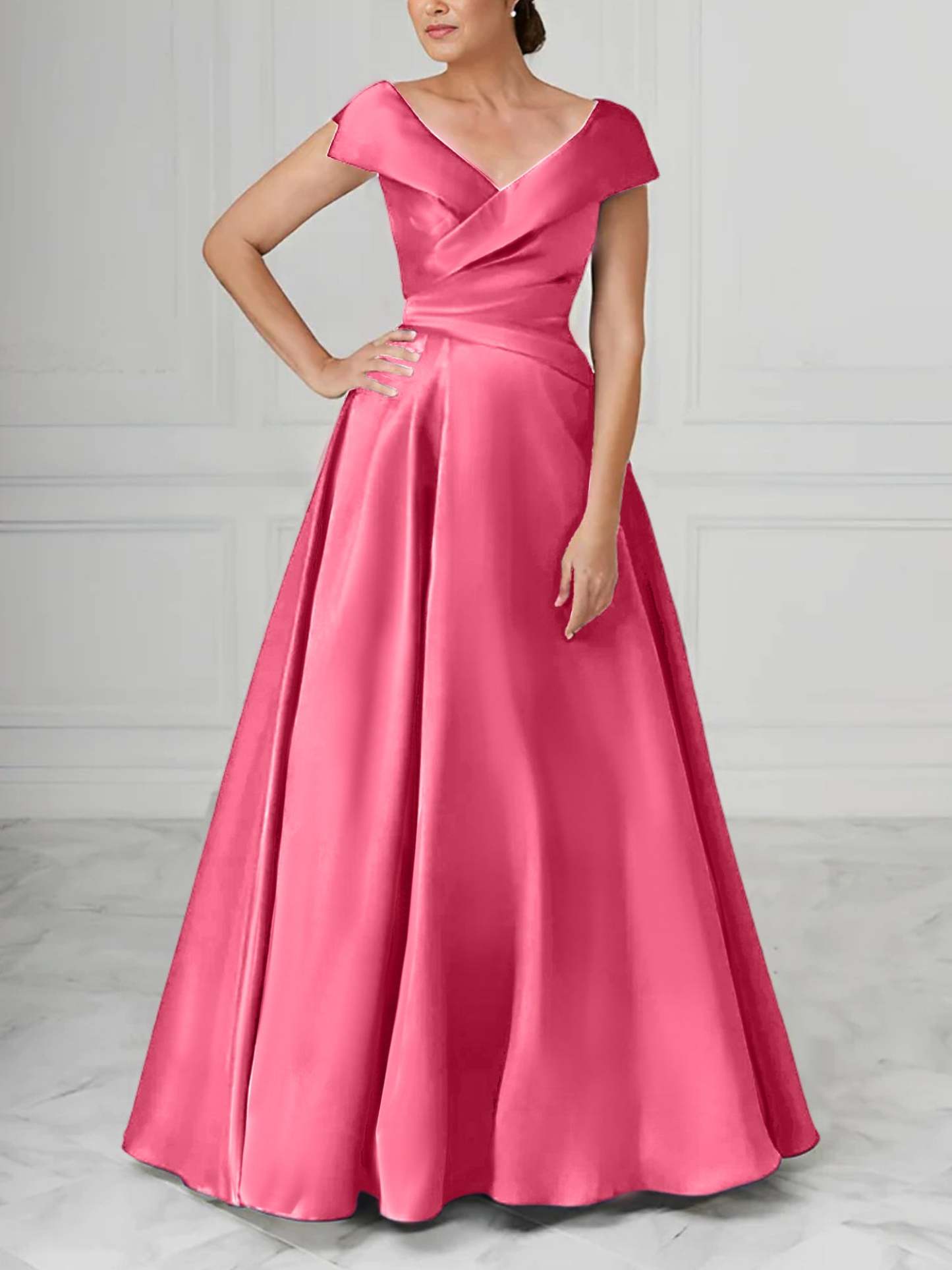 V-Neck Satin A-Line Mother of the Bride Dresses with Ruched Princess Details-BMbridal
