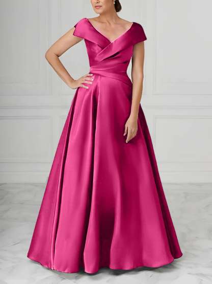 V-Neck Satin A-Line Mother of the Bride Dresses with Ruched Princess Details-BMbridal