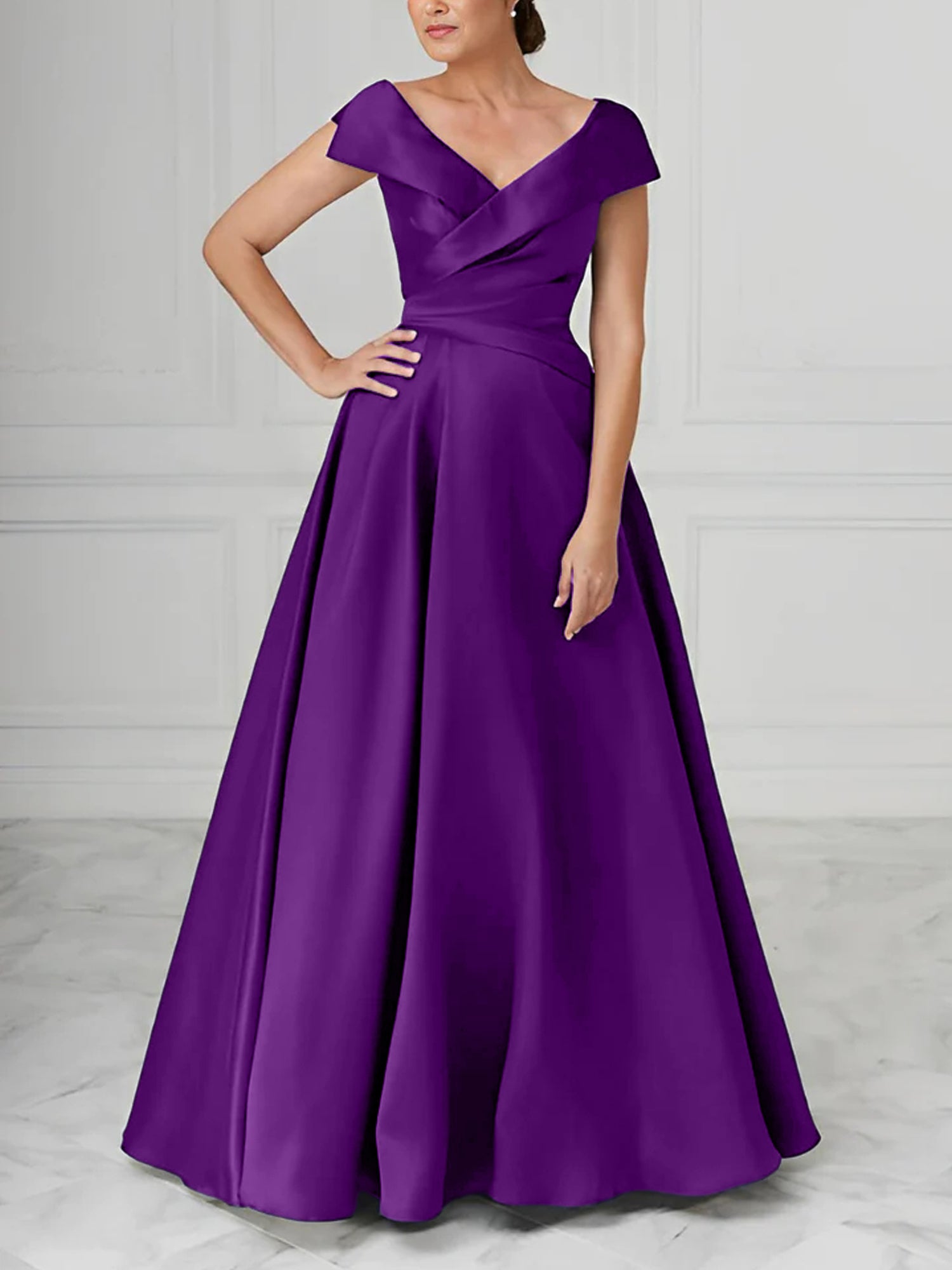 V-Neck Satin A-Line Mother of the Bride Dresses with Ruched Princess Details-BMbridal