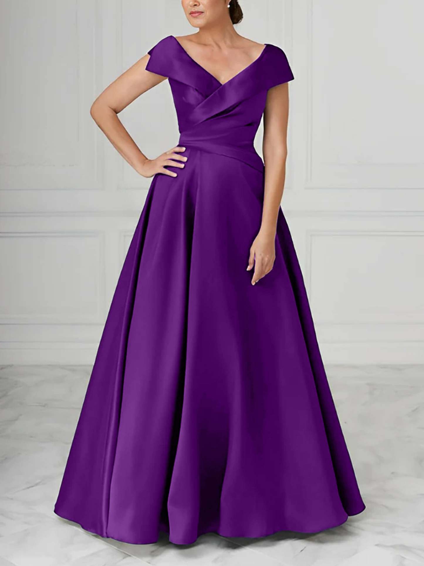 V-Neck Satin A-Line Mother of the Bride Dresses with Ruched Princess Details-BMbridal