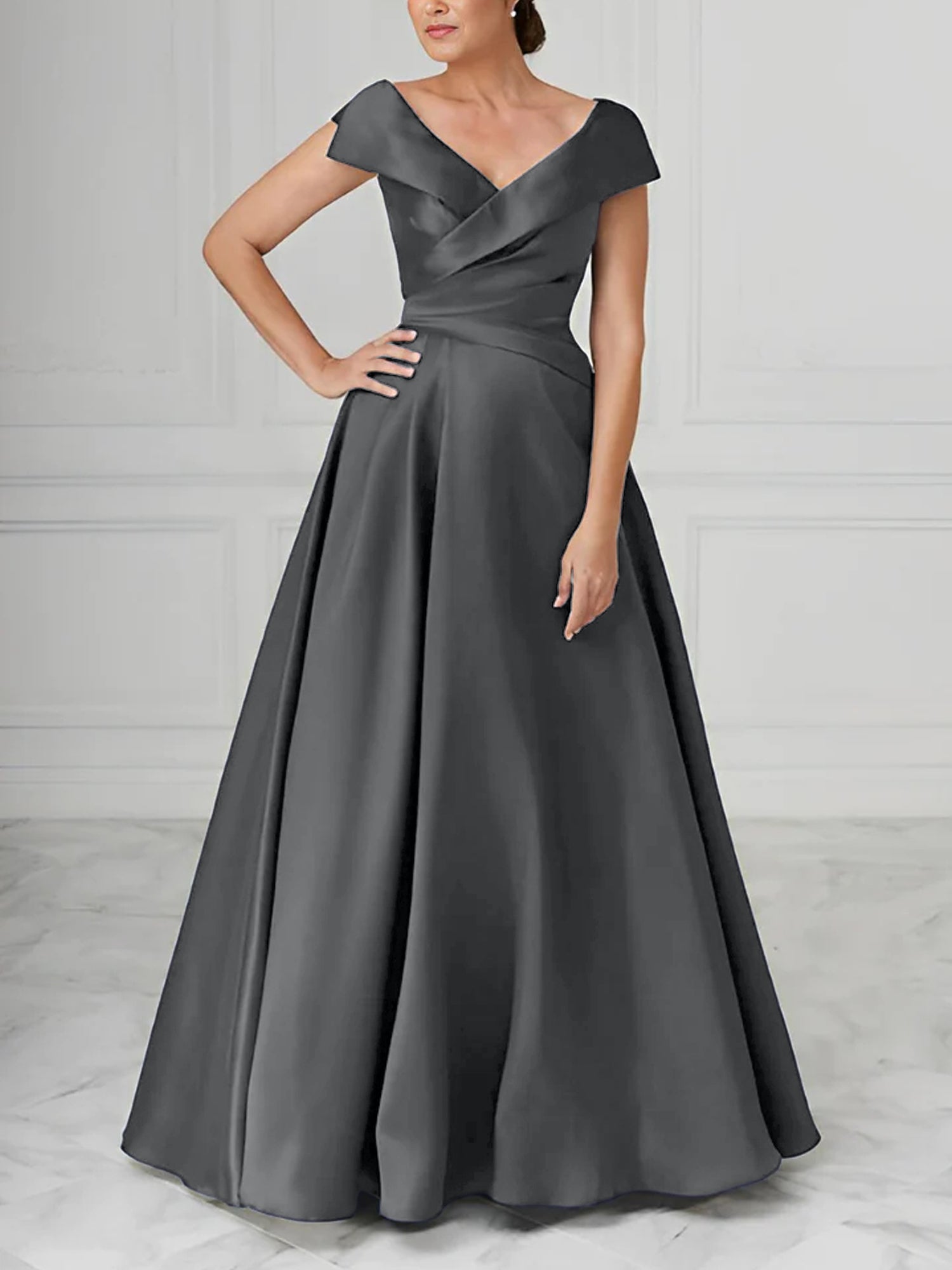 V-Neck Satin A-Line Mother of the Bride Dresses with Ruched Princess Details-BMbridal