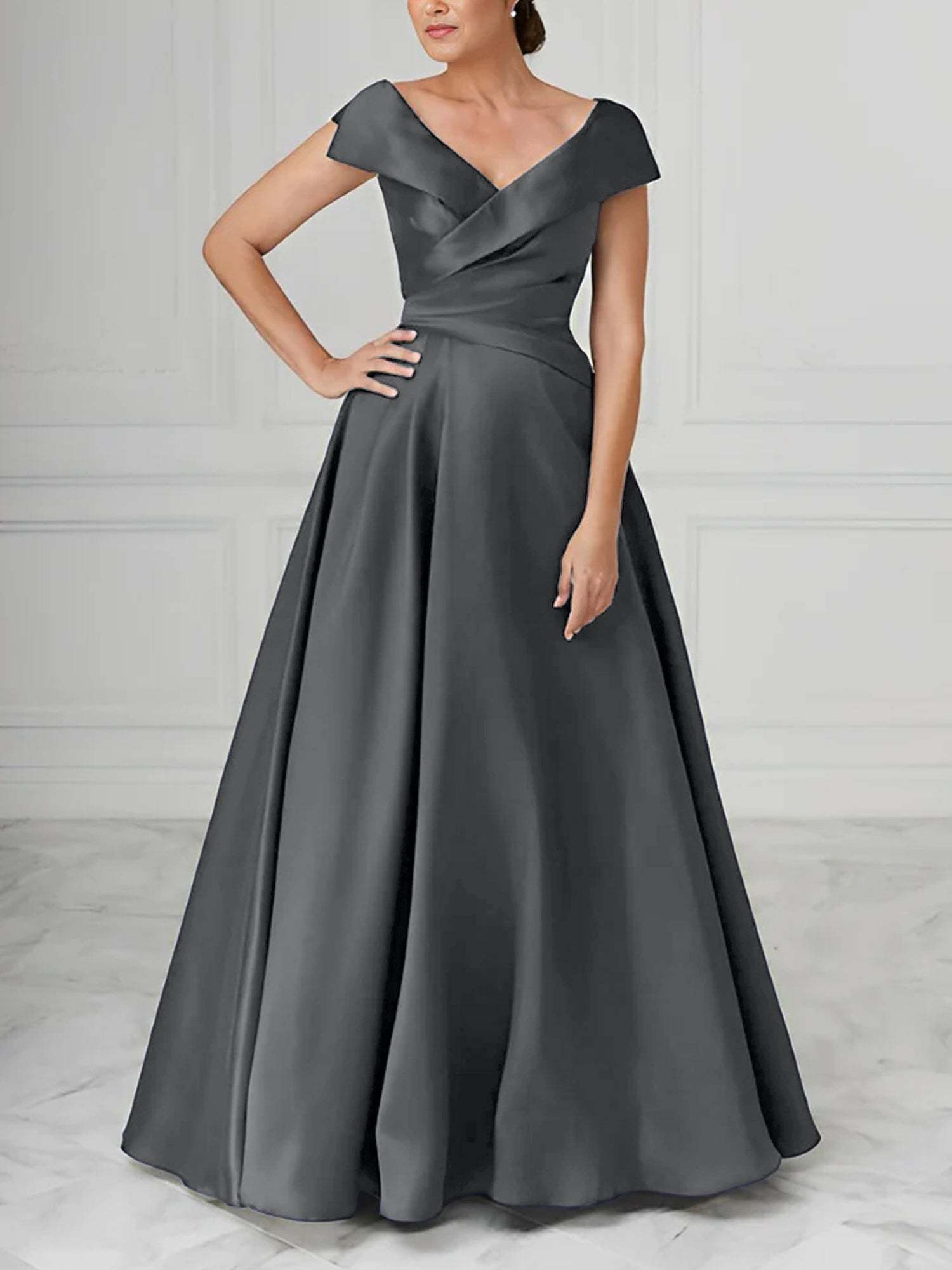 V-Neck Satin A-Line Mother of the Bride Dresses with Ruched Princess Details-BMbridal