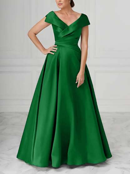 V-Neck Satin A-Line Mother of the Bride Dresses with Ruched Princess Details-BMbridal