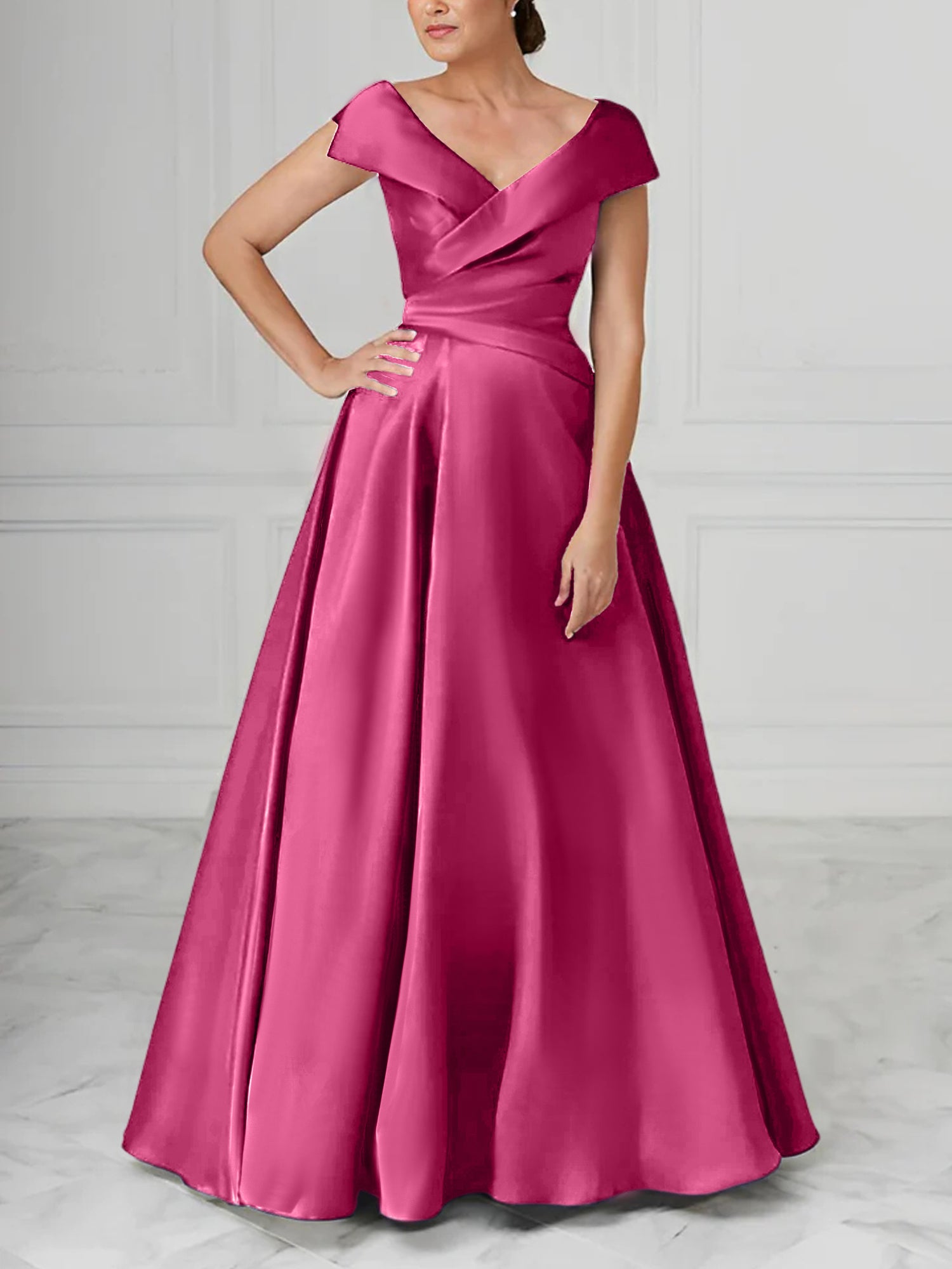 V-Neck Satin A-Line Mother of the Bride Dresses with Ruched Princess Details-BMbridal